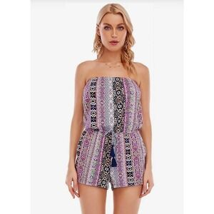 Lucky Brand Boho Chic Romper Cover-Up floral abstract cottage core grandma beach